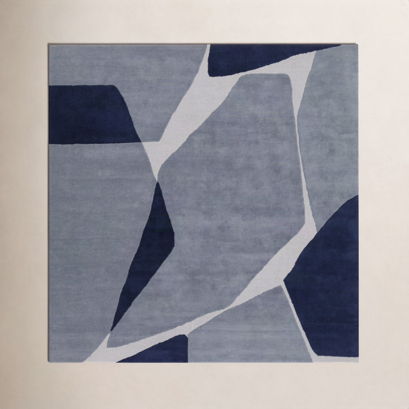 Tapis bleu clair / bleu marine / ardoise en laine touffeté à la main Abstract, Carré 8 pi