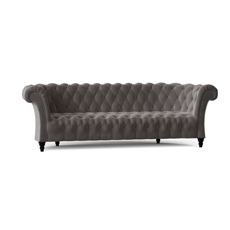Canapé Chesterfield à accoudoirs roulés, Velours gris anthracite, Noir, 84 pouces