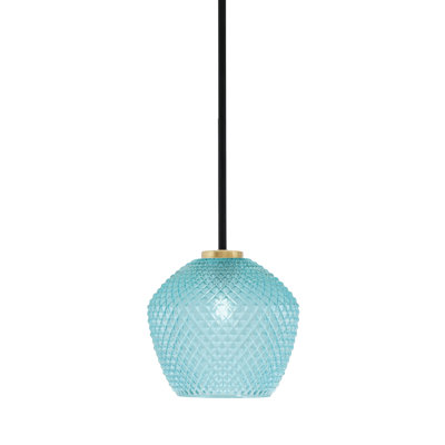 Amarmula 1 Light Stem Mini Pendant, Matte Black & New Aged Brass Finish, 9" Turquoise Textured Glass