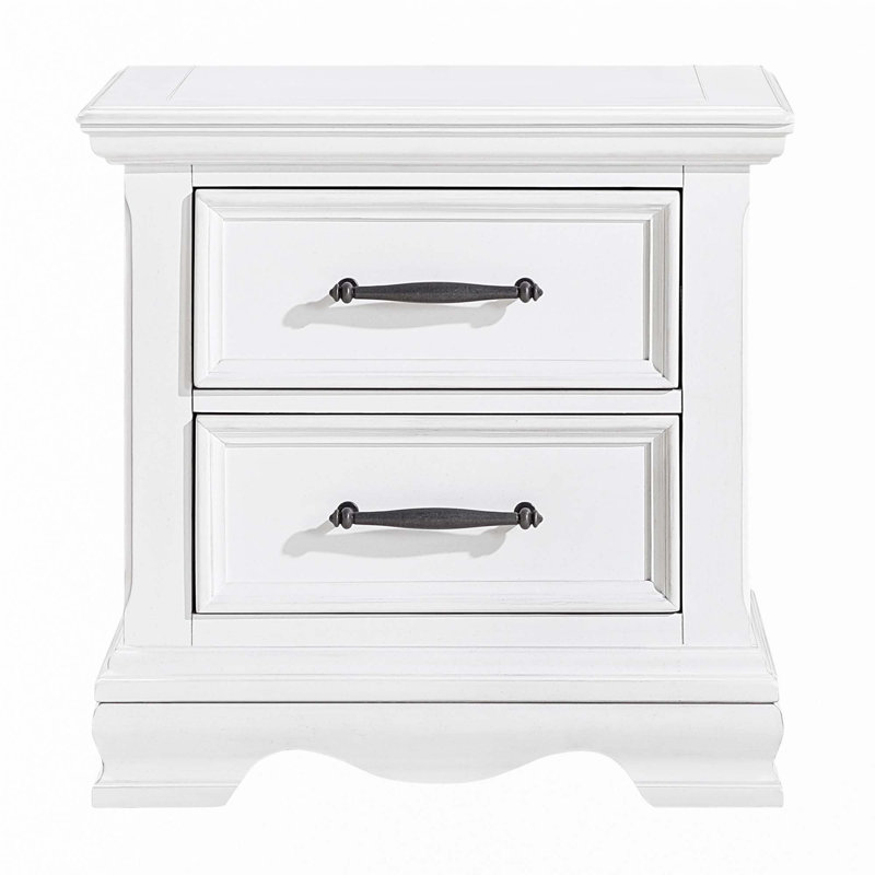 Charmante table de chevet à 2 tiroirs à finition blanche avec poignées noires et table de chevet classique