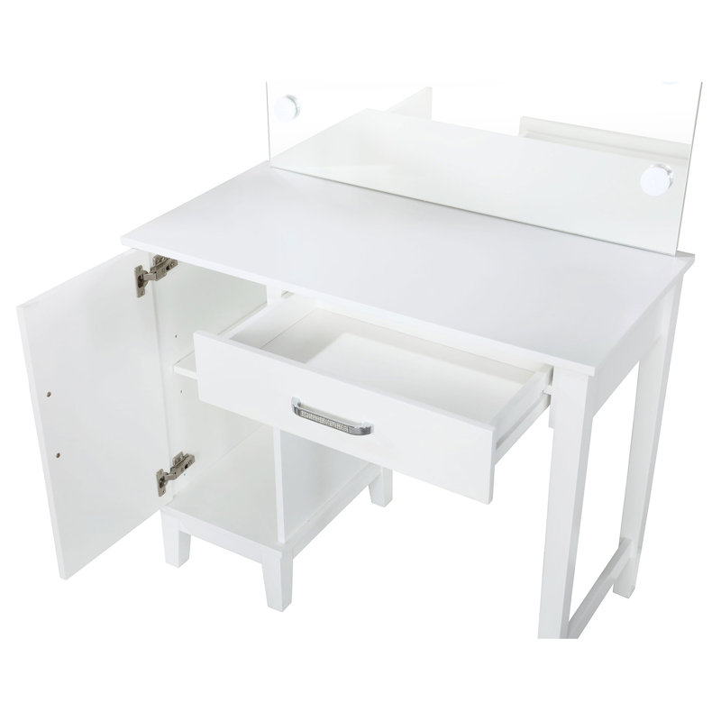 Coiffeuse en blanc et gris foncé avec éclairage, tabouret, armoire latérale à un tiroir, 19 po de profondeur, 36 po de largeur, 53,32 po de hauteur