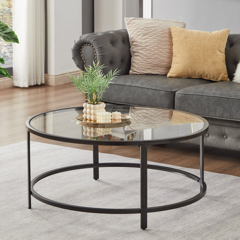 Doynton Round Glass Top Coffee Table For Living Room, Black, 35.4, 1-tier