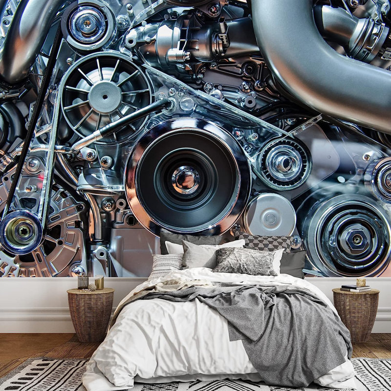 Concept de moteur de voiture avec moteur mural moderne en métal chromé à peindre, L 66 po x l 96 po