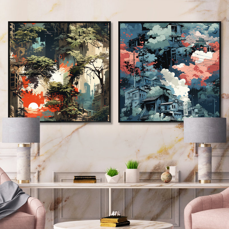 Goussainville - Ensemble de 2 collages carrés abstraits, Cadre flottant noir, H 30 po x l 61 po