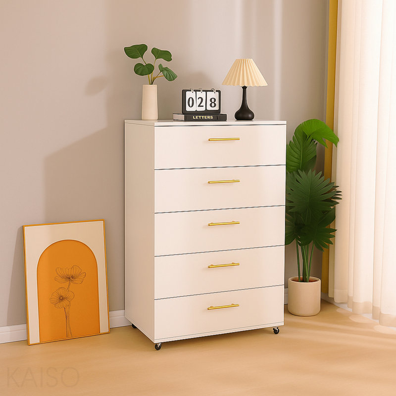 Commode de rangement blanche à 5 tiroirs avec poignées - Armoire de rangement moderne