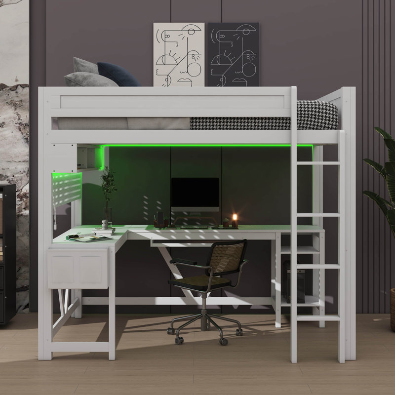 Lit mezzanine double en bois pour jouer, bureau intégré, charge USB et rangement, Blanc
