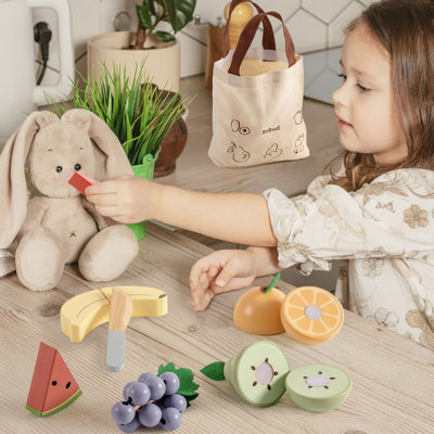  Asjad Wooden Play Food Cutting Fruits Set, Pretend Play Toy Food for Play Kitchen with Shopping Bag