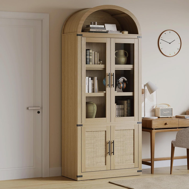 Bibliothèque arquée à 6 tablettes avec portes en verre, vitrine en bois moderne pour la décoration