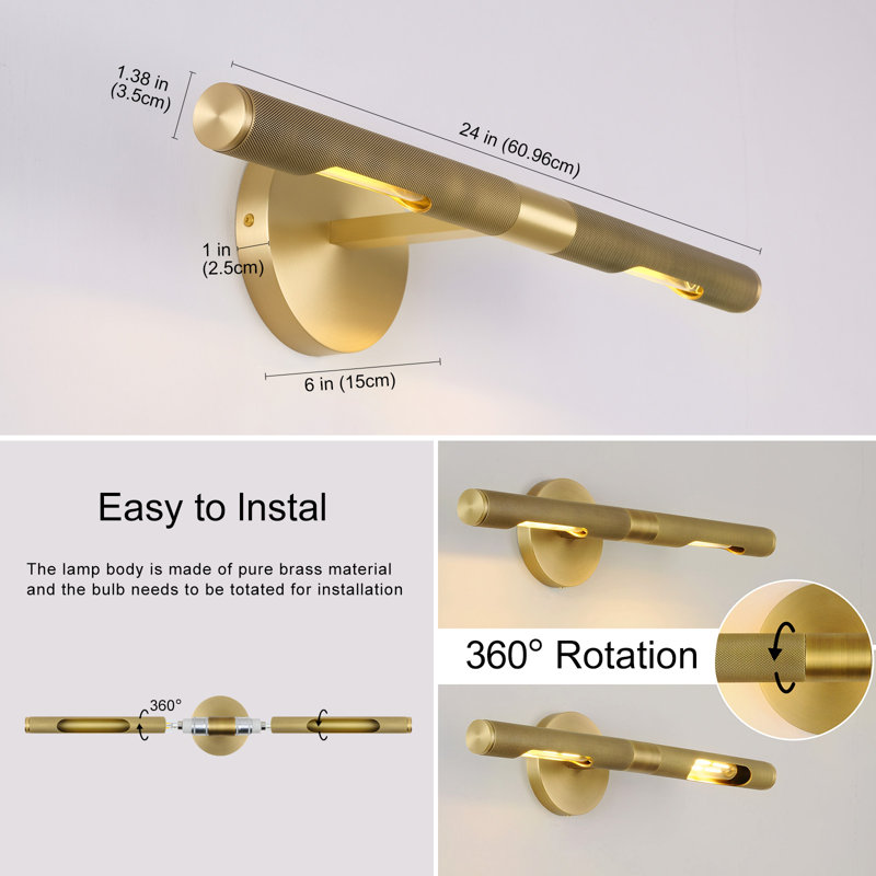 Dimmable Wall Sconce 360° Rotatable Picture Light (Bulbs Included), 24" H x 24" W x 3" D, Brass