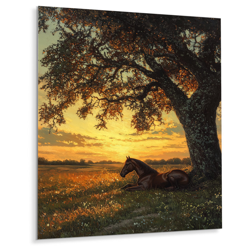Cheval et le chêne V - reproduction d'art moderne en métal, décoration murale cheval en métal, H 32 po x l 24 po