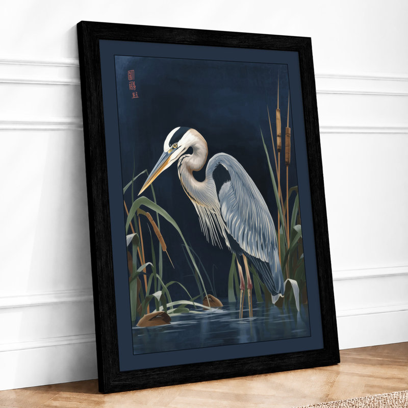 Heron in Reeds Coastal - Framed Print, A3 - 42.0 x 29.7 cm, Black