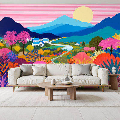 Papier peint adhésif mural Boho, paysage de montagne coloré, chemin de rivière paisible et serein, 69 po x l 96 po, papier peint amovible en PVC, adhésif pour décor de chambre à coucher