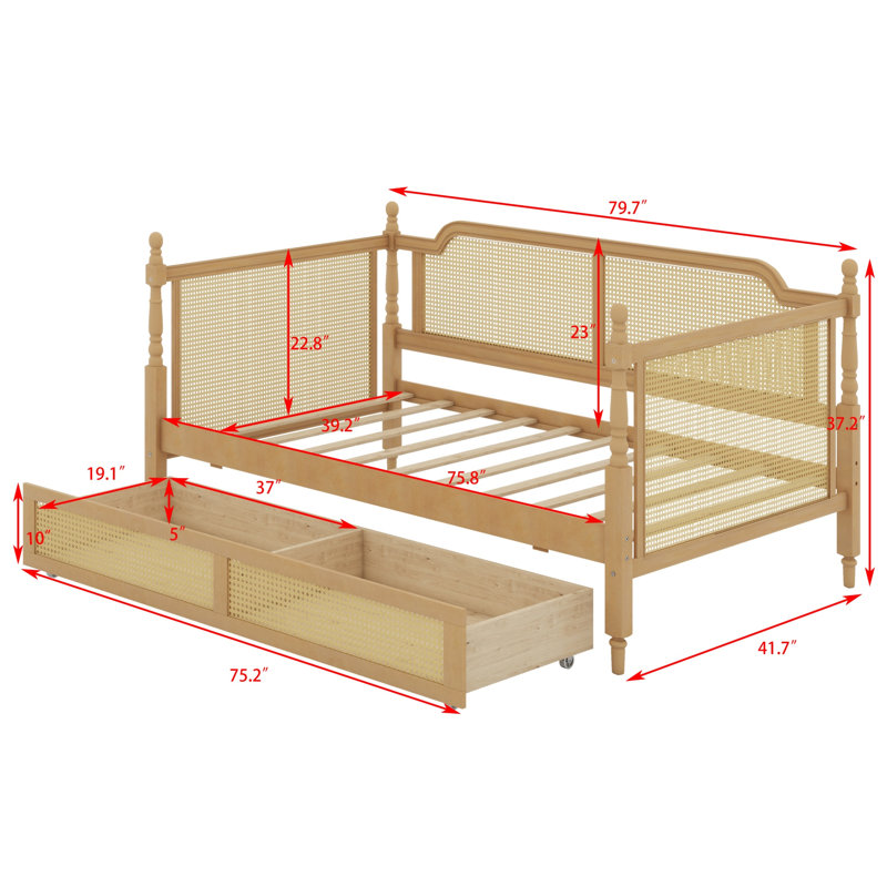Traditional Rattan Daybed with Storage Drawers, Antique Walnut