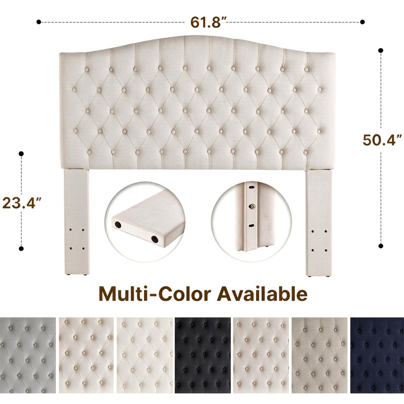 Button-Tufted Upholstered Headboard with Wall-Mount Option, Full / Queen, Ivory Linen