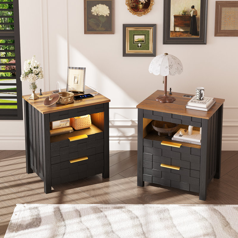 17.7"W 2-Drawer Nightstand With Light, Black/Brown