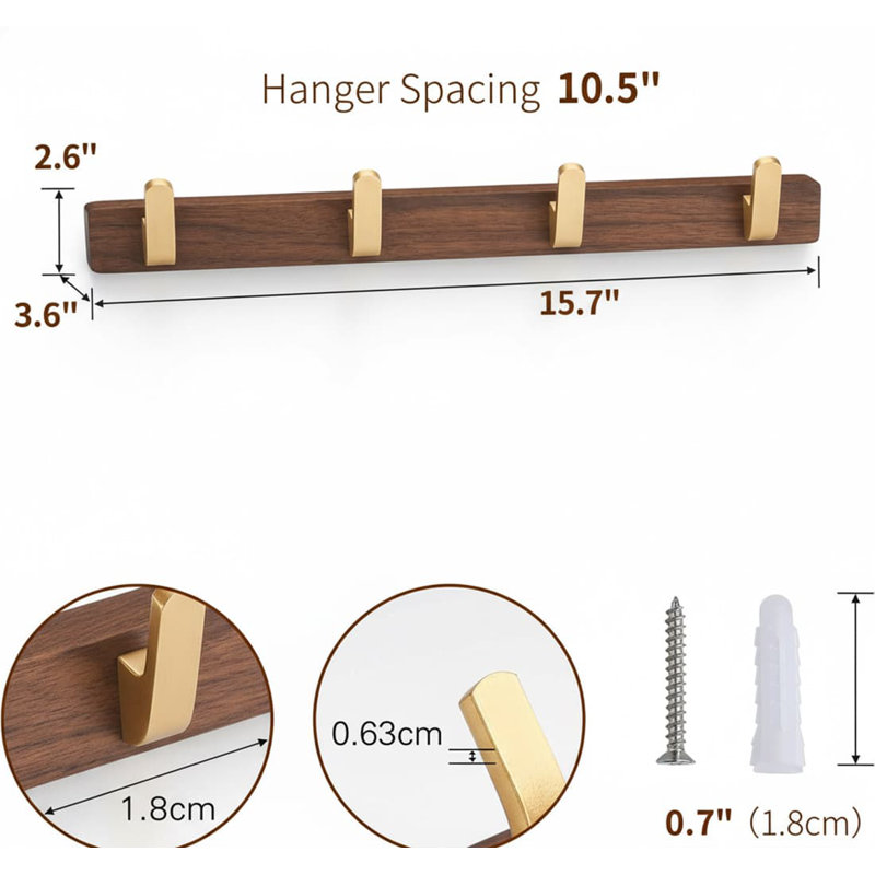 15.7" Walnut Gold Matt Metal-Wood Wall Mount Coat Rack - 4 Rustic Hooks