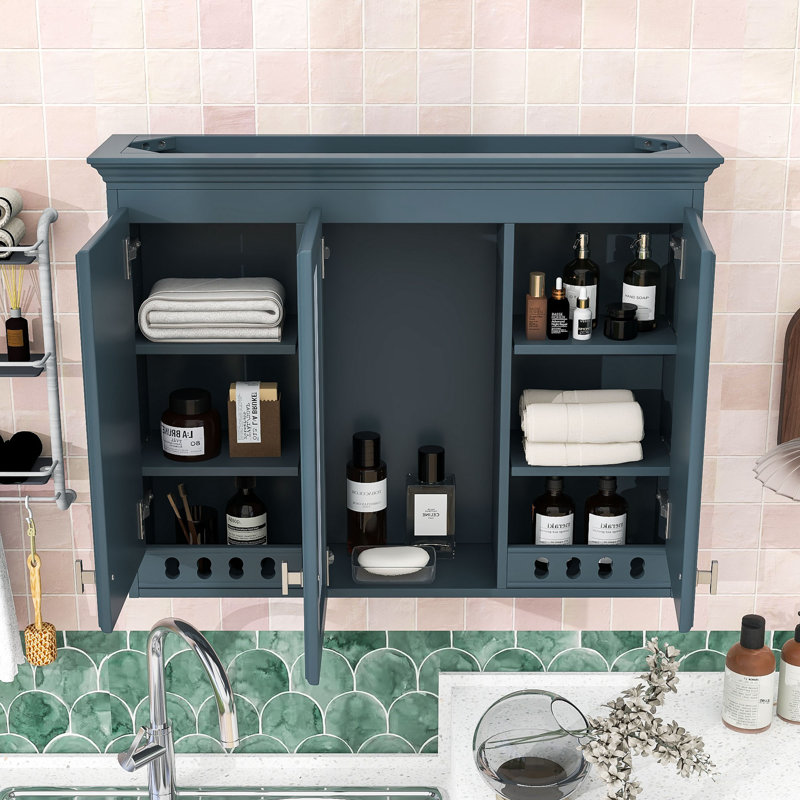 Armoire de salle de bain artistique avec tablettes réglables et détails sculptés élégants, Bleu