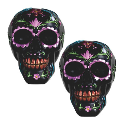 "2-PC Set" ICE ARMOR 6.25"W Day of The Dead Floral Skull Black Sugar Skull Tattoo in Purple Figurine Statue Ornament Home/Room Decor and Perfect Gift Ideas for House Warming, Holidays and Birthdays Great Collectible Addition