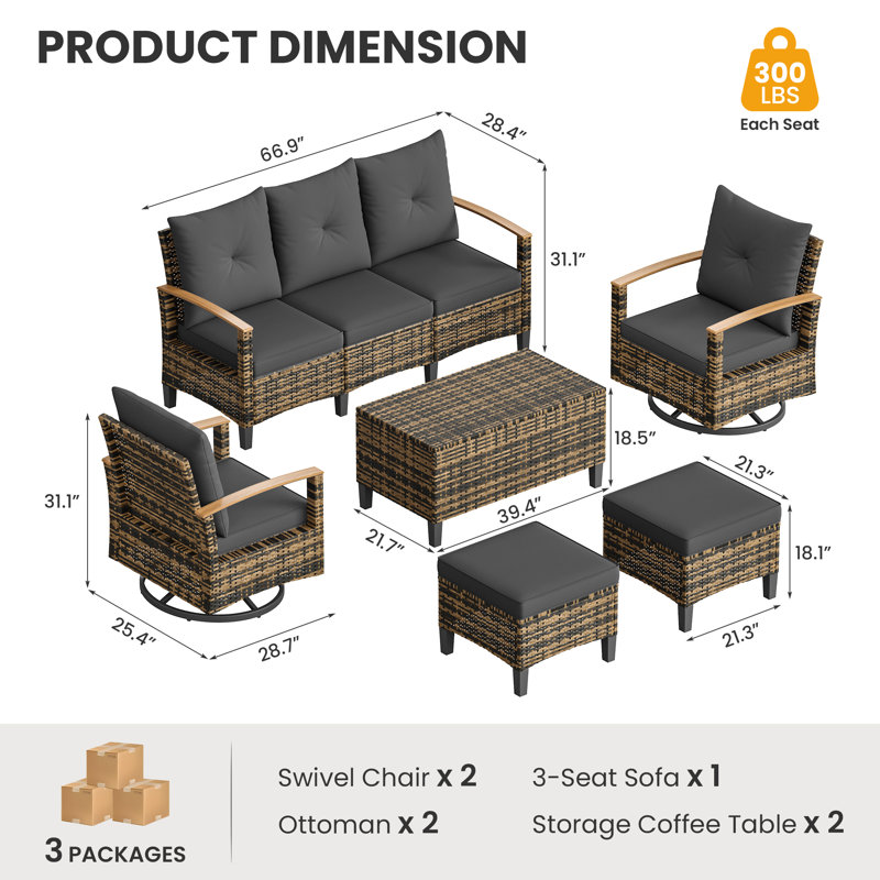 Ensemble de conversation de patio en osier résistant aux intempéries pour 7 personnes avec table basse de rangement et poufs multifonctionnels