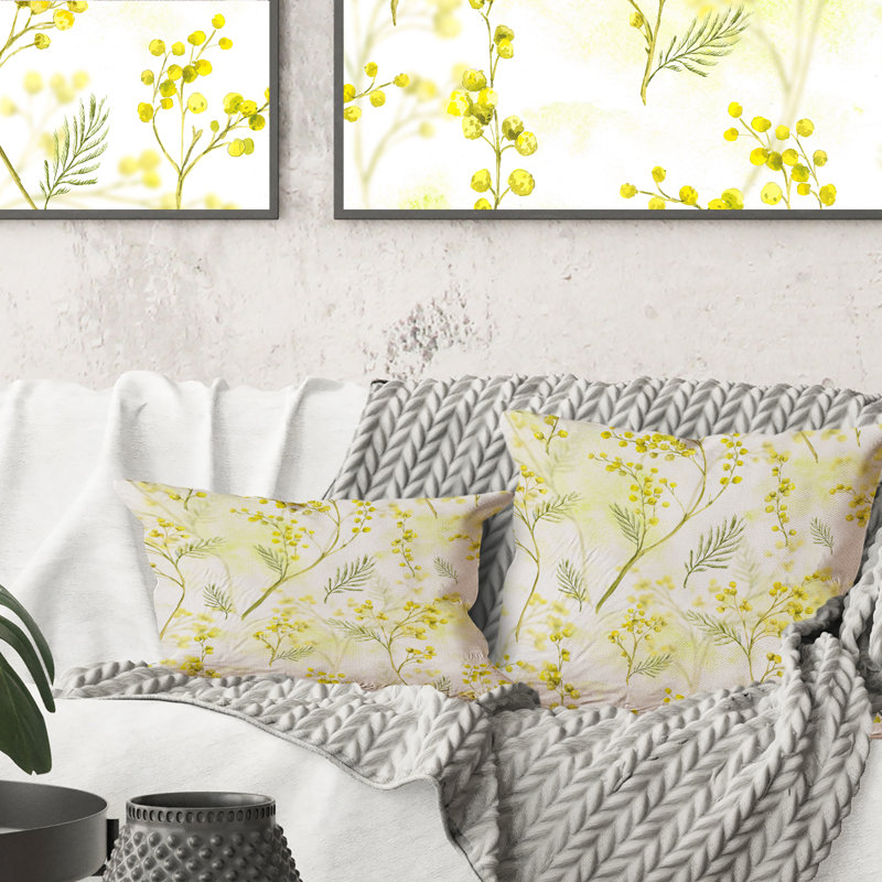 Branches jaunes de fleurs de mimosa - Coussin décoratif à motif, 16 po x 16 po
