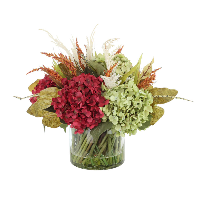 Fall Hydrangea Arrangement in Glass Vase