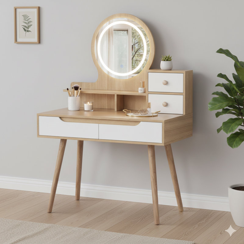 Meuble-lavabo avec miroir ajustable à trois panneaux et pieds de table en bois massif. Cet ensemble de coiffeuse comprend quatre tiroirs et trois tablettes ouvertes, conçus pour les chambres à coucher avec un espace limité.