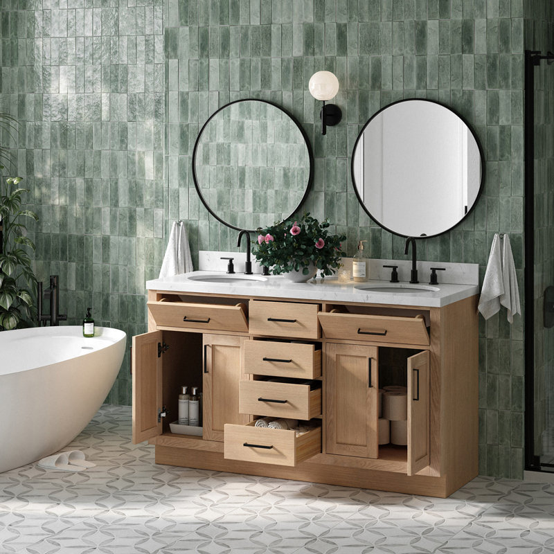 Meuble-lavabo double en bois massif Thornaby avec plateau en quartz Carrara de 1,5 po, Chêne naturel / noir mat, Ovale