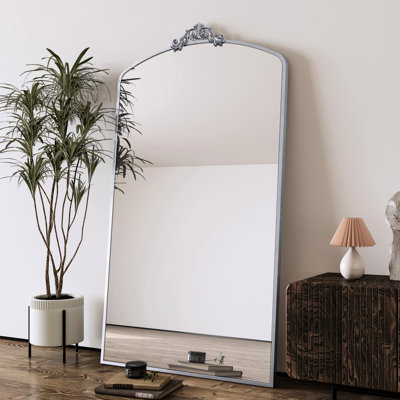 Antique Silver Full Length Entryway Floor Standing Mirror 36x66 Inch - Vintage Ornate Arched Metal Frame For Bedroom, Living Room Impressive Framed Home Gym Arched,