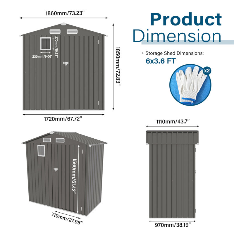 6X 3.6FT Metal Outdoor Storage Shed, Tool Shed With Peaked Roof Watertight With Clear Window And Lockable Door Compact Metal Tool Room For Garden, Backyard, Patio, Sundries And Bike Storage, Gray