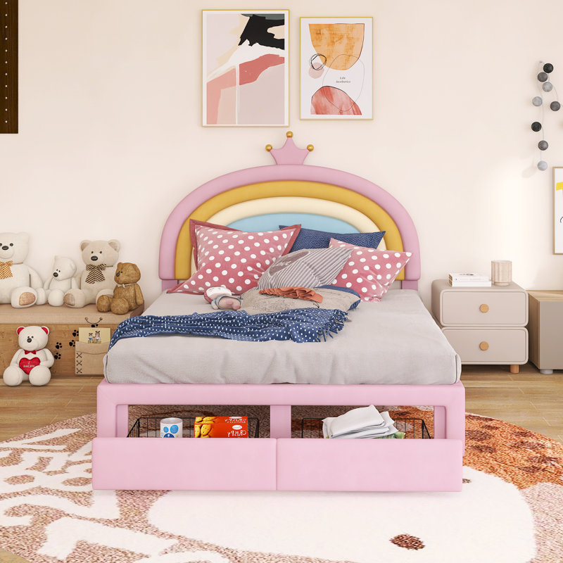 Wood Frame Full Size Upholstered Rainbow Design Bed With Storage Drawer, Full
