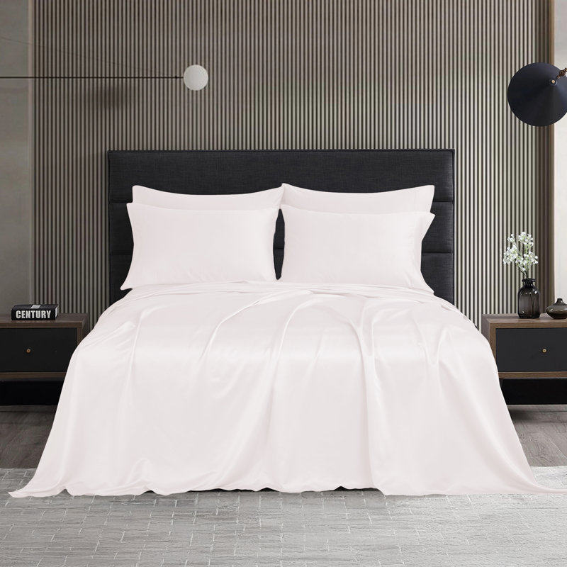 Modern Threads 6-Piece Satin Sheet Set with Deep Pocket Fitted Sheet, 4 Pillowcases, and Organizer, White