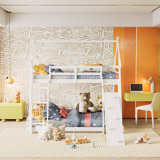 Twin over Queen House Bunk Bed with Climbing Nets and Climbing Ramp, Natural