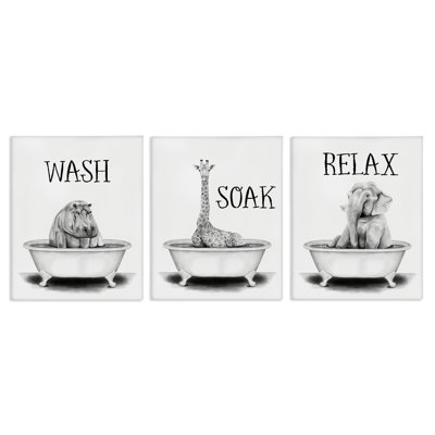 Wash Soak And Relax Jungle Animal Bath Tub 3pc Oversized Stretched Canvas Art Set by Rachel Nieman