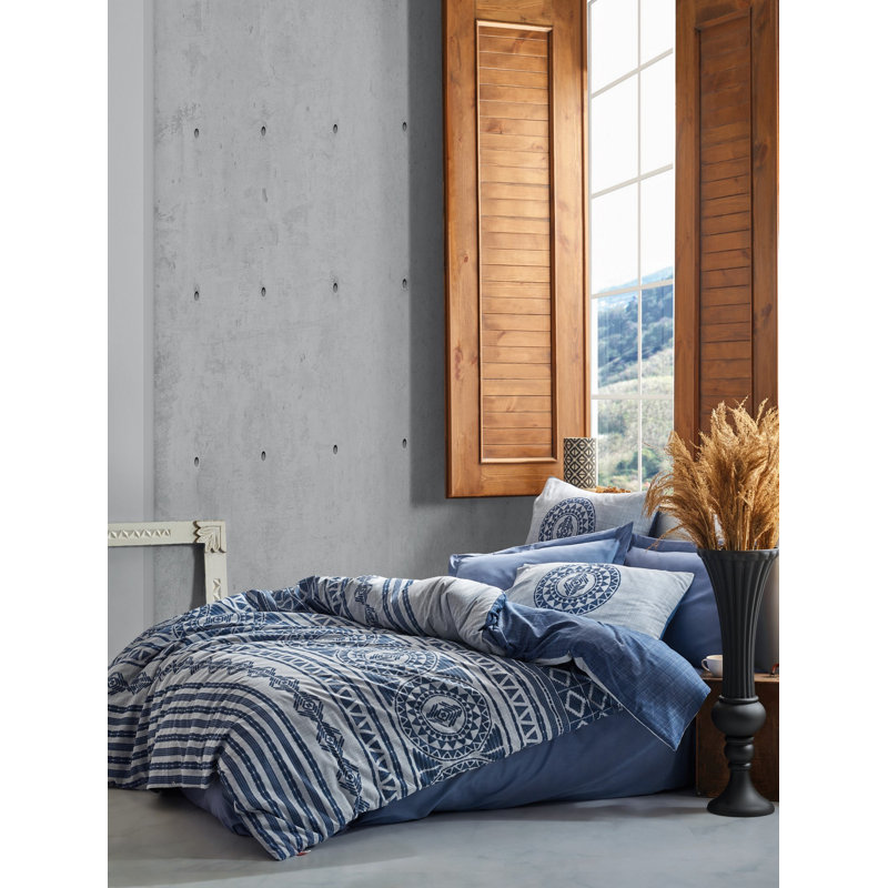 Ensemble de housse de couette 100% coton indigo / bleu / gris Stalnaker 4 pièces