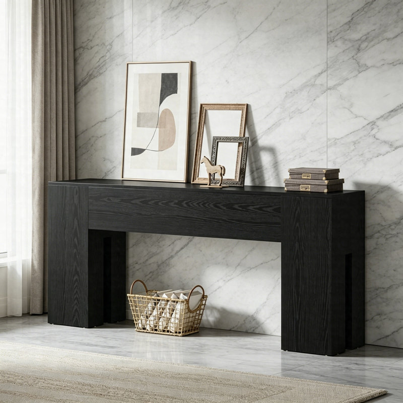 Console 70,8 po, canapé long pour le vestibule, console en bois de ferme avec support robuste, Noir