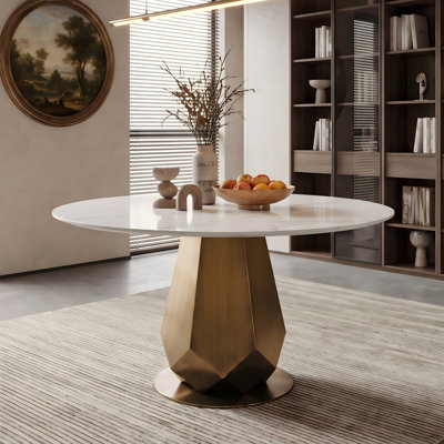 Table de salle à manger moderne 51 po avec plateau en pierre frittée blanc brillant et base en acier inoxydable bronze antique