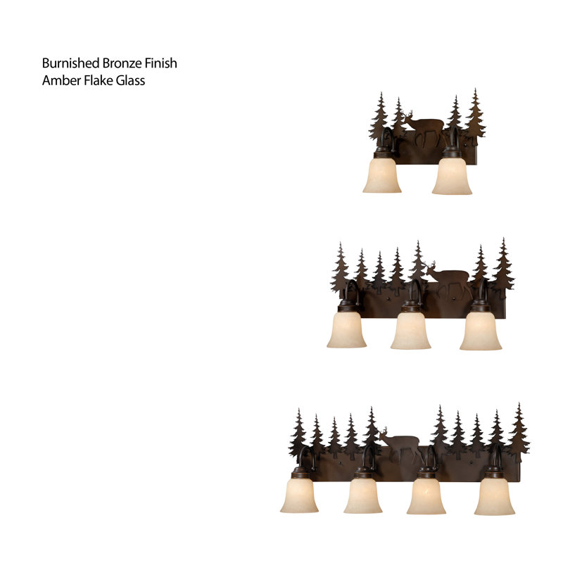 Homar 3-Light 24.75 inch Wide Burnished Bronze Rustic Cabin Bathroom Vanity Lighting Fixture, Amber Flake Glass Shade, Deer and Trees, Dimmable, LED Compatible, Over the Mirror Wall Mounted