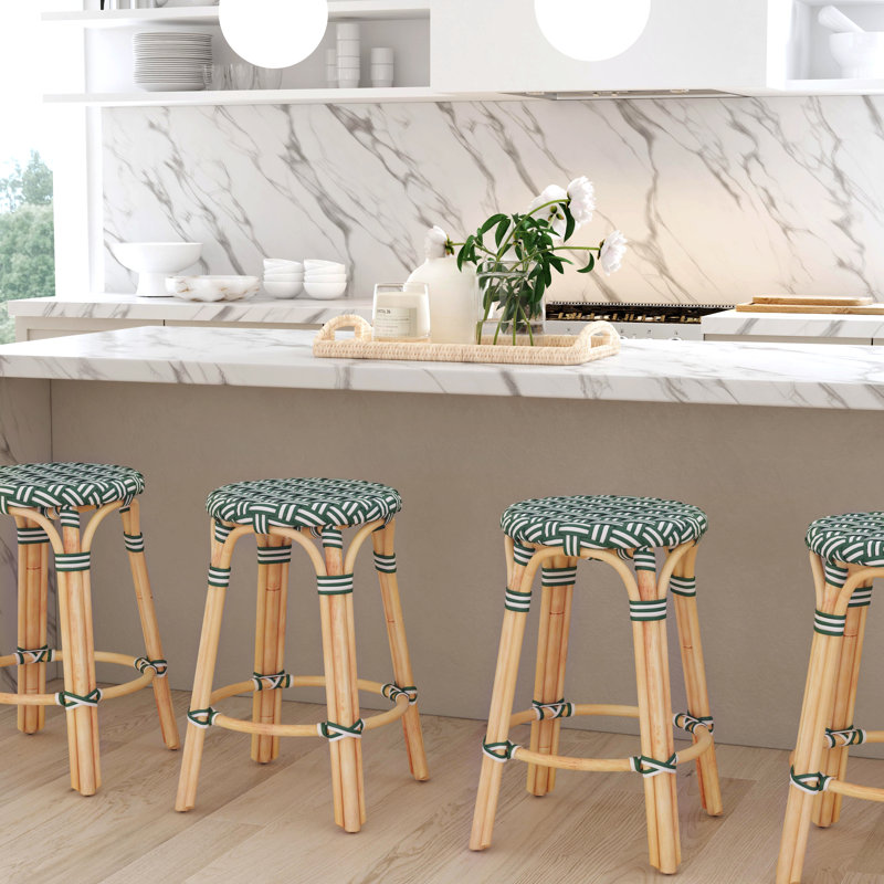 Tobias Rattan Bar Stool & Counter Stool, Counter Stool (24" Seat Height), Green/White Narrow Stripe