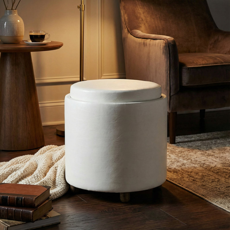 Repose-pieds rond avec rangement Kinkade, Similicuir blanc