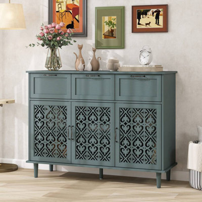 Armoire foncée 3 tiroirs 3 portes, pour chambre à coucher, salon, bureau. Boom symétrique, empreinte de poignée délicate en métal noir, glissière inférieure lisse, hauteur de couche réglable