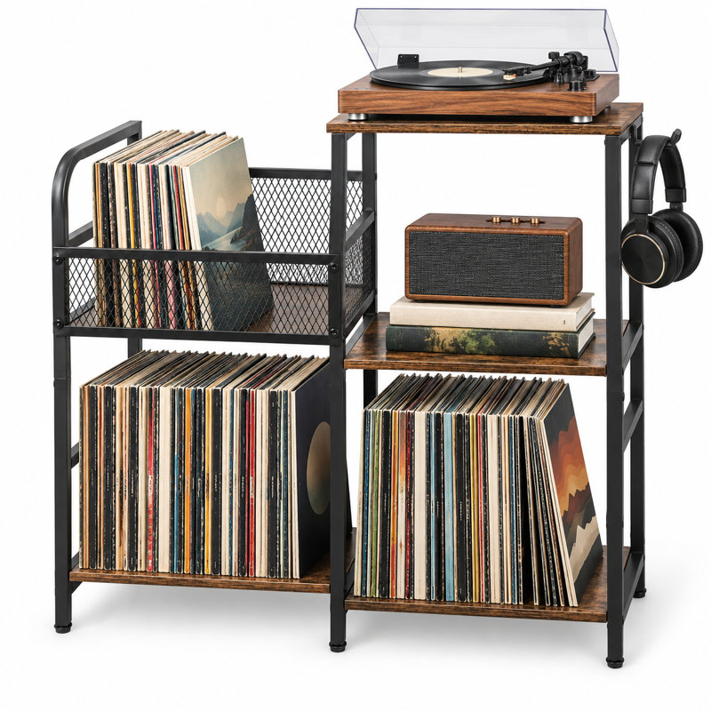 Support pour platine vinyle avec rangement pour jusqu'à 300 disques, présentoir à disques, étagère pour haut-parleur et crochet pour casque, brun rustique