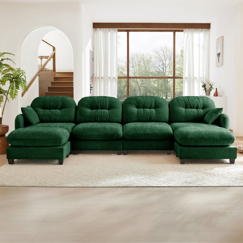 Canapé modulaire surdimensionné en chenille de 140 po avec 2 repose-pieds et coussins assortis, Vert