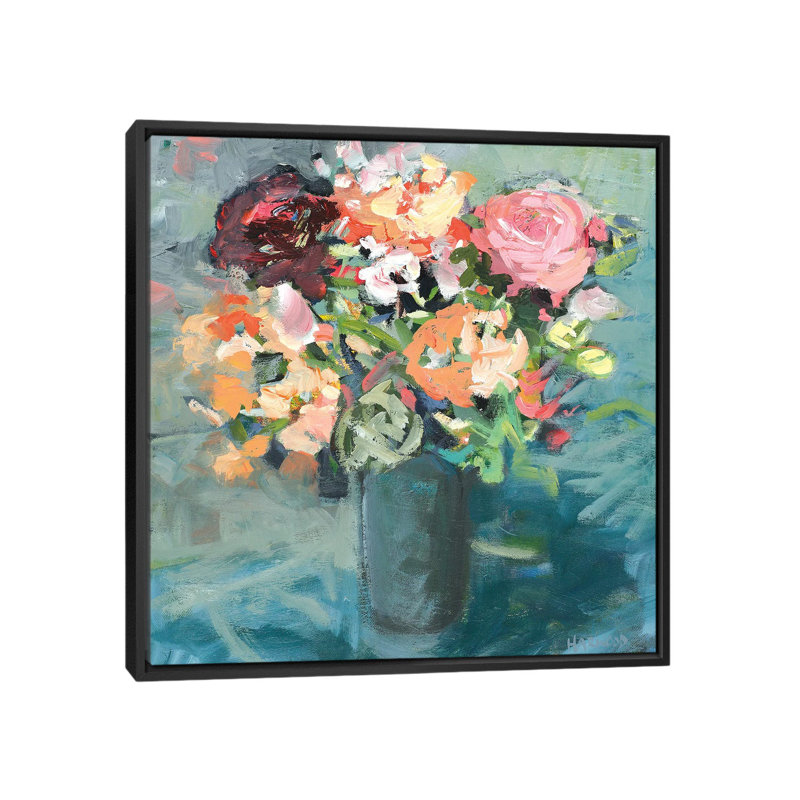 «Teal Bouquet», reproduction sur toile, H 18 po x l 18 po x P 1,5 po, Toile encadrée noire, Pas de tapis
