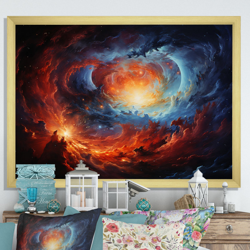 Beinn orange, bleu, astronomique, galaxie, rêves I sur toile, H 24 po x l 32 po x P 1 po, Encadrement doré