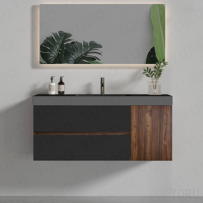 Meuble-lavabo 48 po en noyer avec lavabo en quartz noir mat et tiroirs noirs et une porte, meuble-lavabo mural flottant pour salle de bain moderne, lavabo noir mat, pré-assemblé