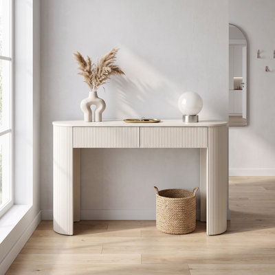 Console moderne avec façades de tiroirs cannelées, plateau ovale et pieds incurvés de style colonne – Table de rangement d'entrée avec 2 tiroirs pour salon et couloir