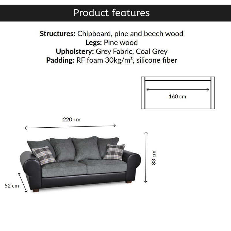 Rodrigez 3 Seater Chenille Sofa, Black/Grey