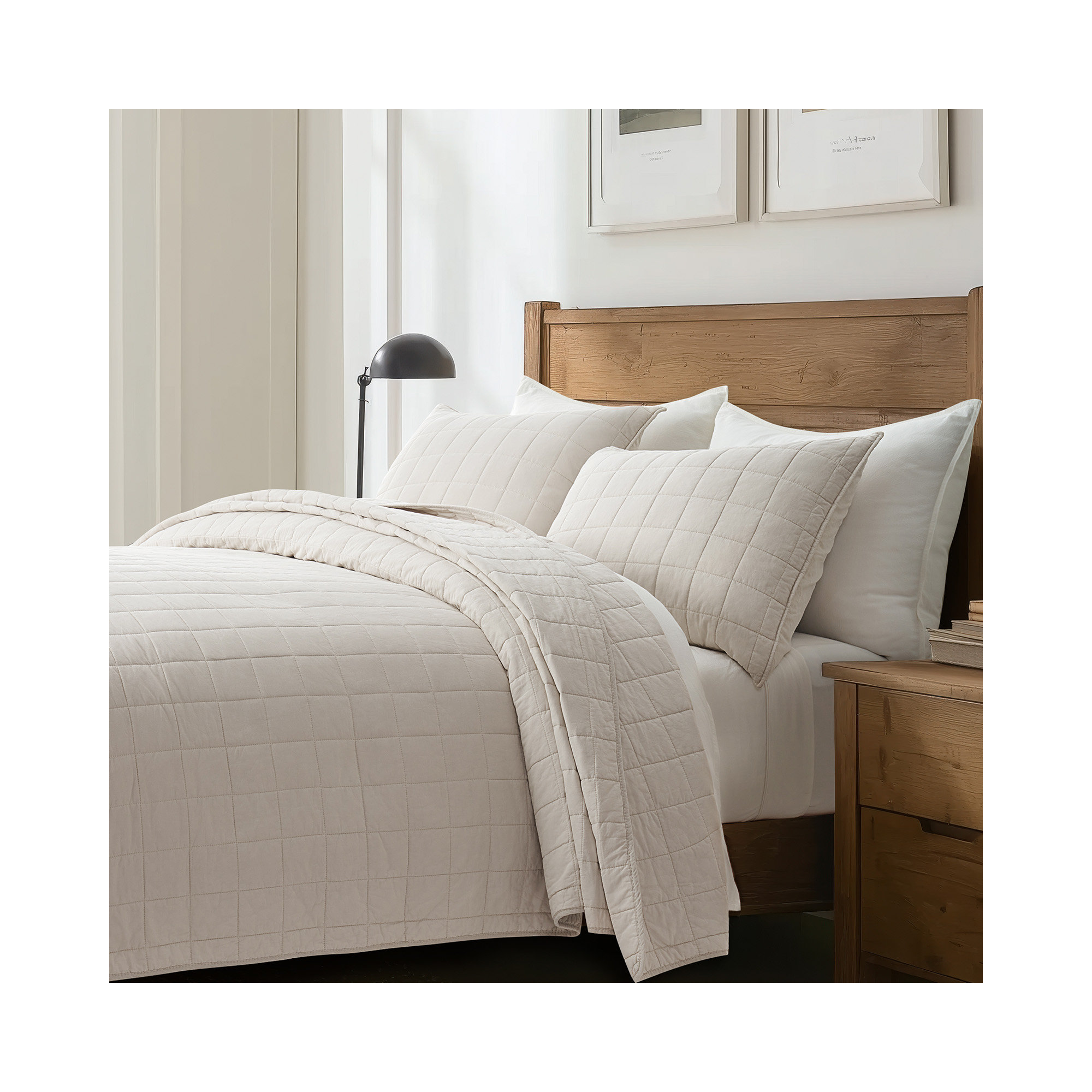 100% Cotton Box Stitch Quilt Set, Birch, King Quilt + 2 King Shams