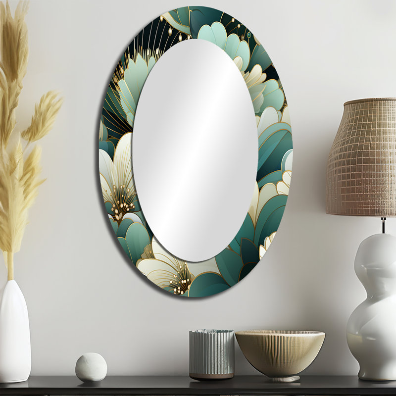 Motif décoratif damassé vert - grand miroir mural ovale sur métal, H 36 po x l 24 po
