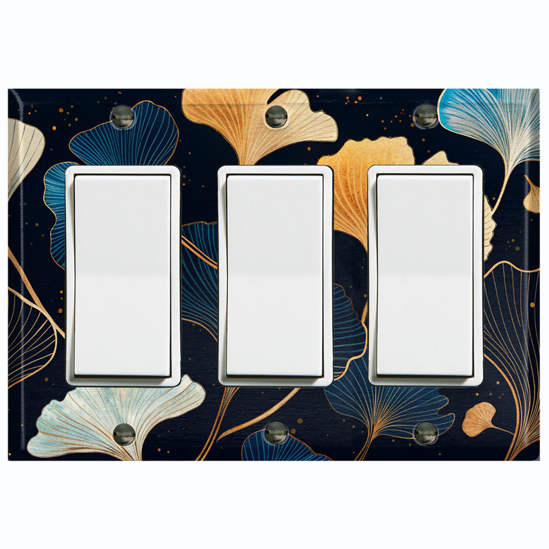 Couvercle de plaque d'interrupteur en métal; 3 bandes GFI Rocker - feuilles de ginkgo stylisées Art déco